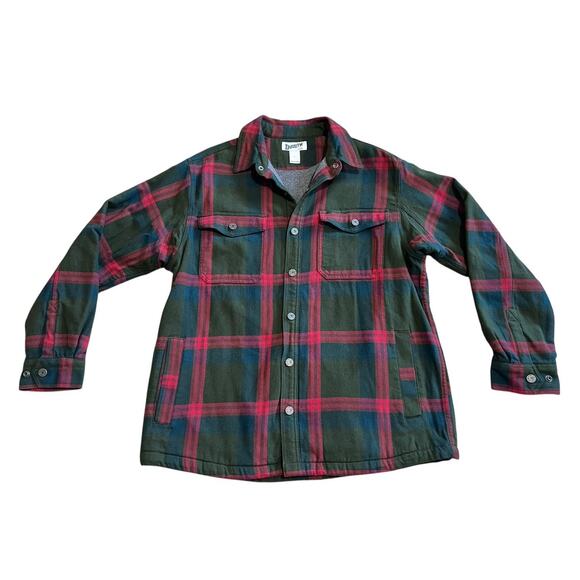 Duluth Trading Shirt Men L Green Red Plaid Flapjack Fleece Lined Flannel Jacket - Picture 1 of 7